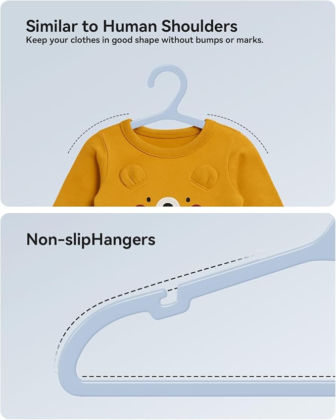 Plastic Kids Hangers, Pack of 100, Ultra Slim Closet Hangers, Non-Slip, Space-Saving, Sturdy, 14" W x 7" H (for Children Aged 7-12 Years), Light Blue, UAPY07100L