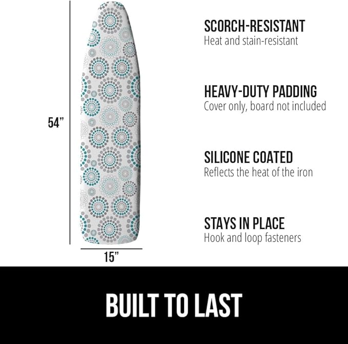 GORILLA GRIP The Original Ironing Board Cover and Pad, Silicone Coating, Thick Scorch Resistant Padding, Heavy Duty Iron Covers Standard Boards, Hook and Loop Fastener Strap, Spiral Turquoise, 15x54