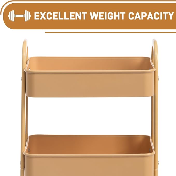 AGTEK 3-Tier Rolling Carts with Wheels, Rolling Utility Cart with Iron Frame for Kitchen, Plastic Shelves, Living Room, Office, Khaki
