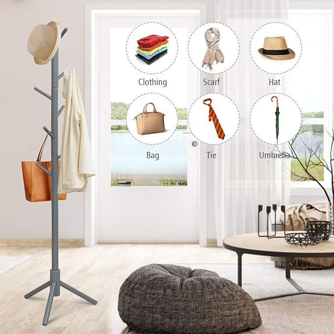 Tangkula Coat Rack Freestanding, Rubber Wood Coat Stand with 8 Hooks, Height Adjustable Entryway Coat Tree Coat Hanger Stand for Home Office Hall Entryway