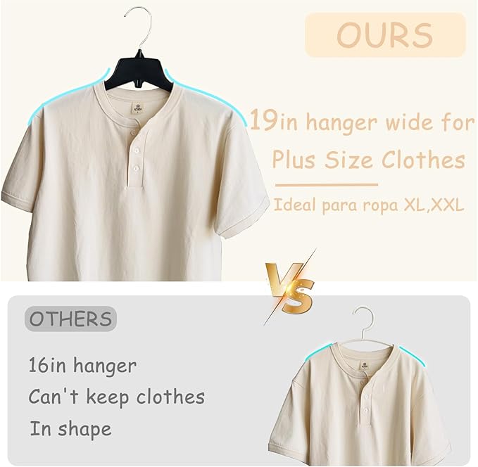 Extra Wide Hangers for Plus Size Clothes, Ganchos para Colgar Ropa,19 Inch Plus Size Hangers Ideal for XL, XXL Shirts, Coats, Dresses, Etc. Plastic. Black.