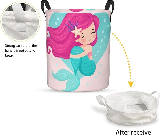 Dujiea Mermaid Girl Laundry Basket Round with Handle, Collapsible Foldable Canvas Storage Bin Dirty Clothes Bag for Laundry/Toys Organizer/College Dorm/Nursery/Decor(2 Sizes)