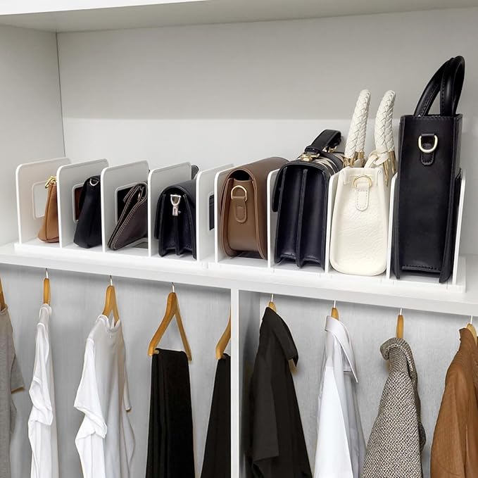 Purse Organizer for Closet Shelf 10 Divider, Adjustable Closet Organizer, Shelf Divider Storage Organizer for Purse and Handbag Closet Shelves - White