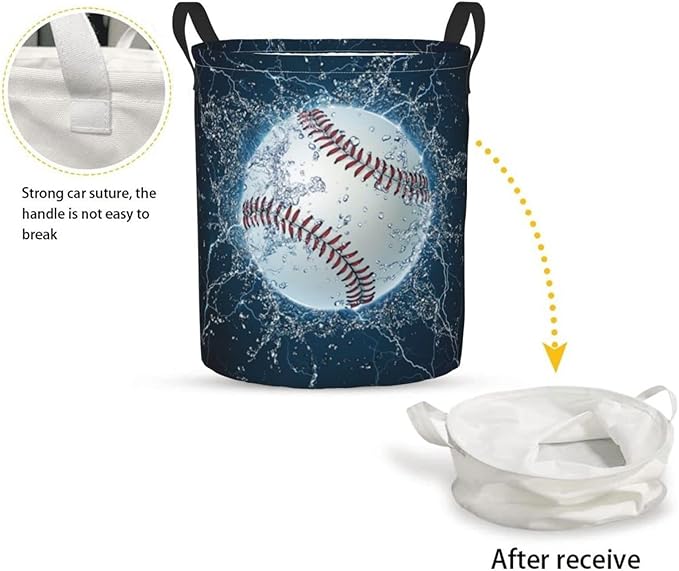 Dujiea Baseball Laundry Basket Round with Handle, Collapsible Foldable Canvas Storage Bin Dirty Clothes Bag for Laundry/Toys Organizer/College Dorm/Nursery/Decor(2 Sizes)