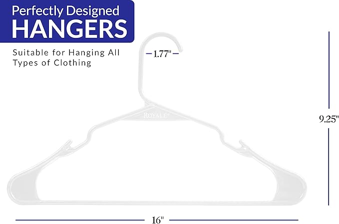 ROYALE 40 Pack White Plastic Hangers for Clothes - Heavy Duty Plastic Clothes Hanger Ideal for Everyday Standard Use - Lightweight & Space Saving Notched Plastic Hangers - Slim & Sleek Shoulder Groove