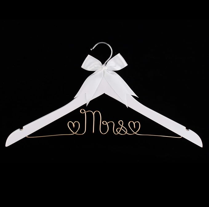 Ella Celebration Mrs Wedding Dress Hanger, Wood and Wire Hangers for Bride to be Gown (White with Light Gold Wire)