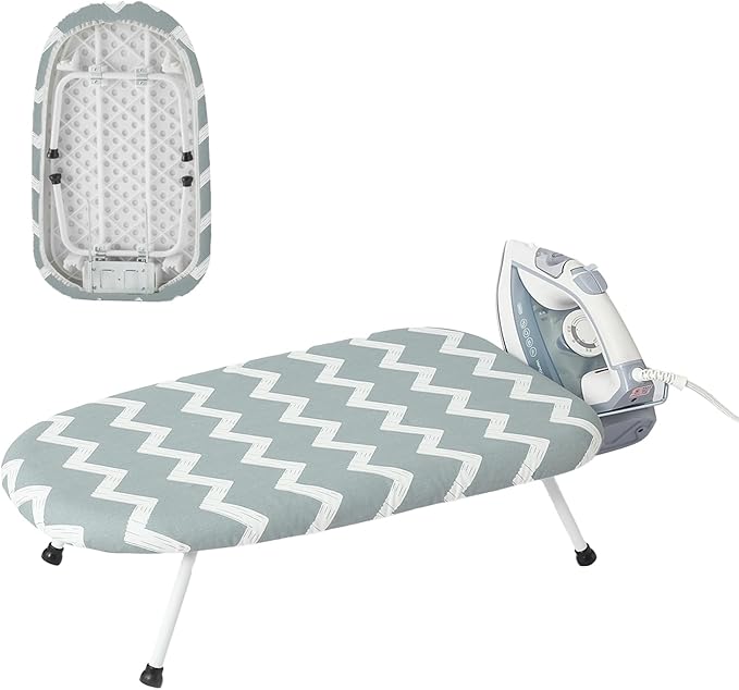 Mini Ironing Board Tabletop Ironing Board Compact Foldable Iron Board Thick Steel Tube with Heat Resistant Covers, Iron Rest for Dorms, Apartment and Travel (Blue-White Wave)
