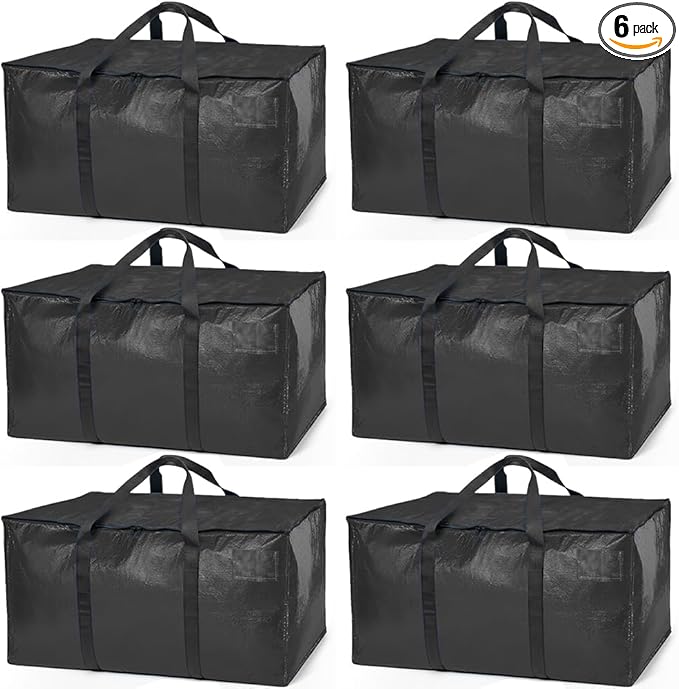ClearSpace Heavy Duty Moving Bags or Storage Bags – Black Storage Bins with Lids, Large Moving Boxes with Backpack Straps & Zippers,– Packing Box & Moving Supplies for College Dorm, 6 Pack
