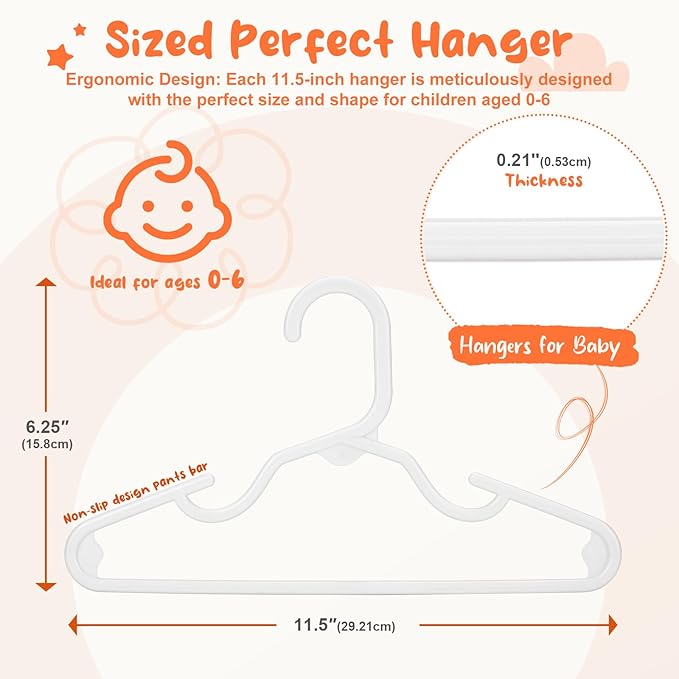 HOUSE DAY Premium Baby Hangers 60 Pack, 11 Inch Kids Plastic Hanger White, Slim Childrens Hangers for Infant, Toddler, Child Clothes, Non-Slip & Durable Baby Clothes Hanger for Closet