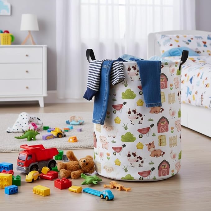 Baby Laundry Hamper kids laundry Basket Waterproof Storage Bin for Bedroom Toy Clothes Organizer Basket Woodland Animals Room Décor(Cute Farm)
