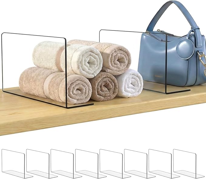 Shelf Dividers for Closet Organization: 6" Tall x 10" Deep, Deeper Adhesive Separators Features Acrylic Material and Provides Storage for Babywear and Purses in Bedroom Cabinets(8-Pack)