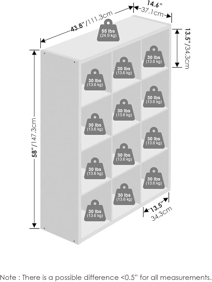 Furinno Simple Cube Storage Organizer, 12-Cube Display Shelf, Open Back Shelving Unit, Storage Shelves, Extra Thick Frame, for Organization and Storage, Living Room, Home Office, White