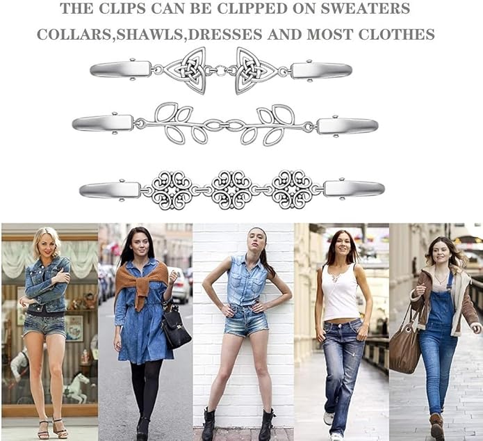 Vintage Sweater Clips Shawl Dresses Shirt Clips Retro Cardigan Collar Chain Clips Brooch Pins for Women