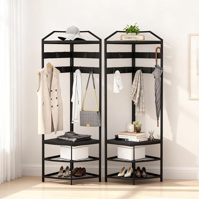 Garvee Corner Coat Rack with Storage, Simple Hall Tree with Mesh Shelves, Anti-Toppling Devices, Freestanding Metal Clothes Rack Shoes Shelf Organizer for Entryway Bedroom Black