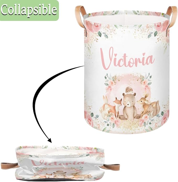 Personalized Laundry Basket, Custom Gift Laundry Hamper, Collapsible Nursery Waterproof Laundry Baskets, Dirty Clothes Toy Hamper with Handles Pink Floral Woodland Animals