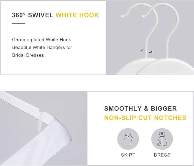 TOPIA HANGER Bride Hanger for Wedding Dress, Premium White Wooden Hangers, 360° Swivel White Hook, Smooth Finish, Extra Smoothly Cut Notches, 10 Pack-CT06W