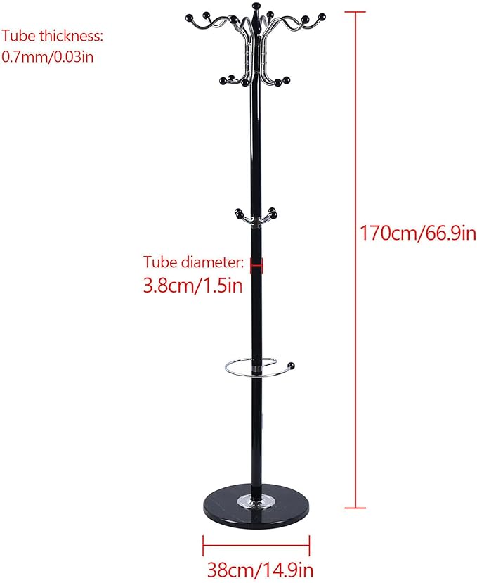 67" Metal Coat Rack Stand Satin Steel Marble Base with 16 Hooks Metal Tree Hat Rack & Coat Hanger Floor Standing Clothes Rack High-Grade Wall Bedroom Hall Entryway Organizer Storage,Black