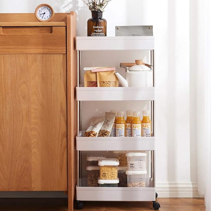 Modern Home 4-Tier Rolling Storage Cart with Bins – Slim Organizer for Bathroom, Kitchen, Laundry & Pantry – Mobile Utility Shelves with Wheels