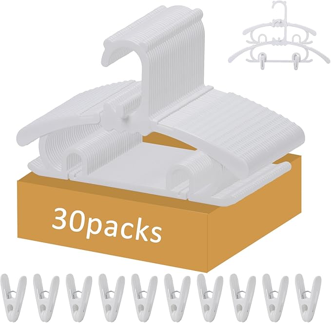 30 Pack Clothes Hangers with 16 Clips, 11-15 inch Plastic Adjustable Clothes Hanger, Durable & Non-Slip, Space Saving Coat Hanger for Pants, Jackets and Dress (White)
