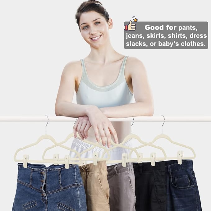 Beige Velvet Hangers Clips 50 PCS, Non-Slip Velvet Skirt Hanger Clips for Ivory/Beige Velvet Hangers, Strong Finger Clips Perfect for Thin Velvet Hangers Skirt Pant Suit Velvet Hangers