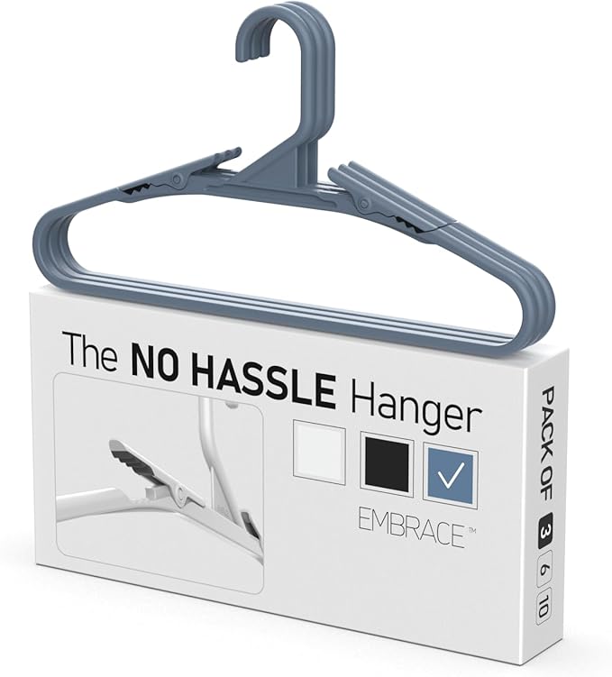 No Hassle-Hangers Best Clothes Hanger Ultra Soft Rubberized Grip Clip Keeps Garments in Place and Off The Floor. Perfect for Wide Neck Silks & Satin Tops, delicates, Athletic wear. (3pk, Slate Blue)