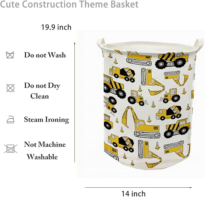 Runtoo 19.7" Large Sized Laundry Hamper Waterproof Foldable Canvas Construction Transports Theme Bucket Clothing Laundry Basket with Handles for Storage Bins Kids Room Home Organizer Nursery Storage