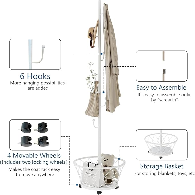 White Cactus shaped Coat Rack Hanger Freestanding, Metal Clothes Rack with Basket 6 Hooks to Hang Clothes, Hat, Bag for Entryway, Hallway, Bedroom