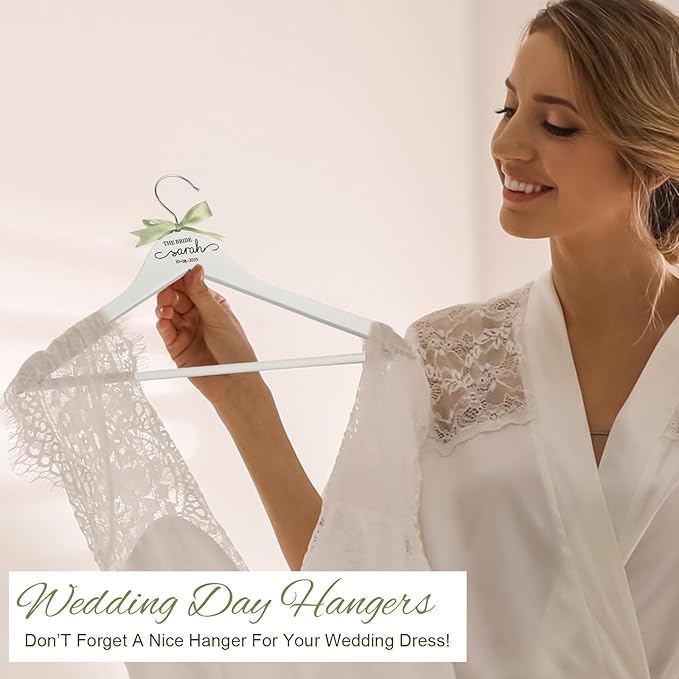 Chunful 10 Pack Personalized Bride Hanger for Wedding Dress Custom Name White Wooden Bridal Hangers with UV Dtf Transfers Natural Wood Dress Hanger with Ribbon Bow Bride Wedding Gift