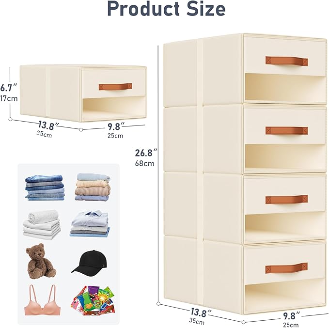 DIMJ Closet Organizers and Storage - Pull-out Fabric Bins with Drawers for Closet Foldable Clothes Organizers with Clear Window, Stackable Storage Drawers for Bedroom,Living Room,Shelf,6-Pack, Beige