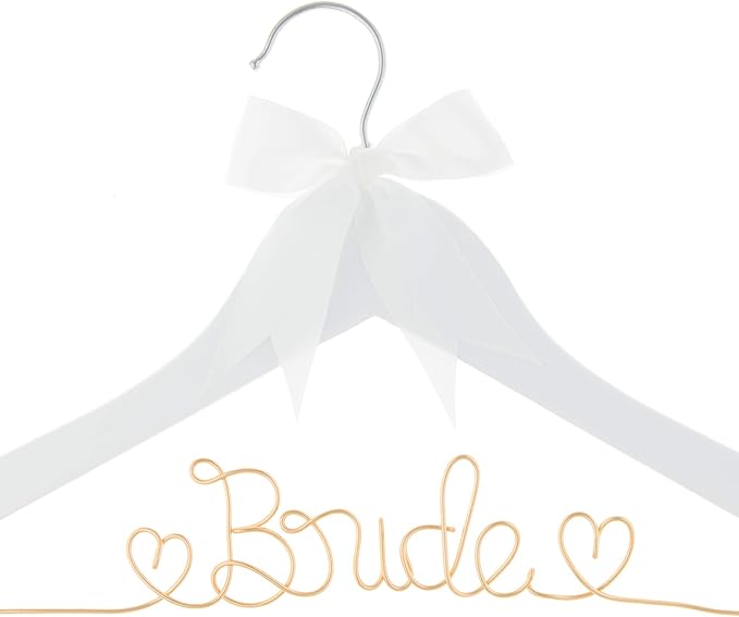Bride to Be Wedding Dress Hanger Wooden and Wire Hangers for Brides Gowns, Dresses (White with Light Gold and Bow)