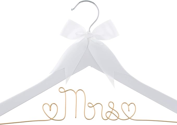 Ella Celebration Mrs Wedding Dress Hanger, Wood and Wire Hangers for Bride to be Gown (White with Light Gold Wire)