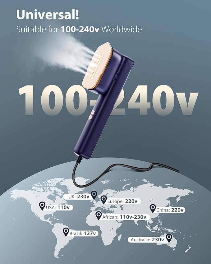 110-240V Travel Steamer for Clothes, 1100W Portable 2-in-1 Steamer ＆ Iron 2 In 1 Handheld Garment Steamer Iron, Large Ceramic Heat Panel for Home & Global & Europe Traveling