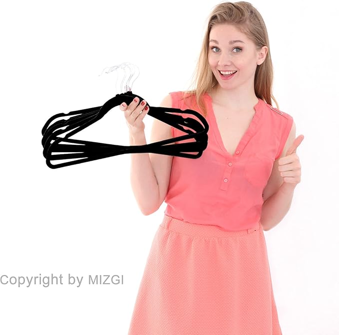 MIZGI Premium Velvet Hangers (50 Pack) - Heavy Duty, Non Slip Felt - Velvet Suit Hangers, Black with Chrome Hooks, Space Saving