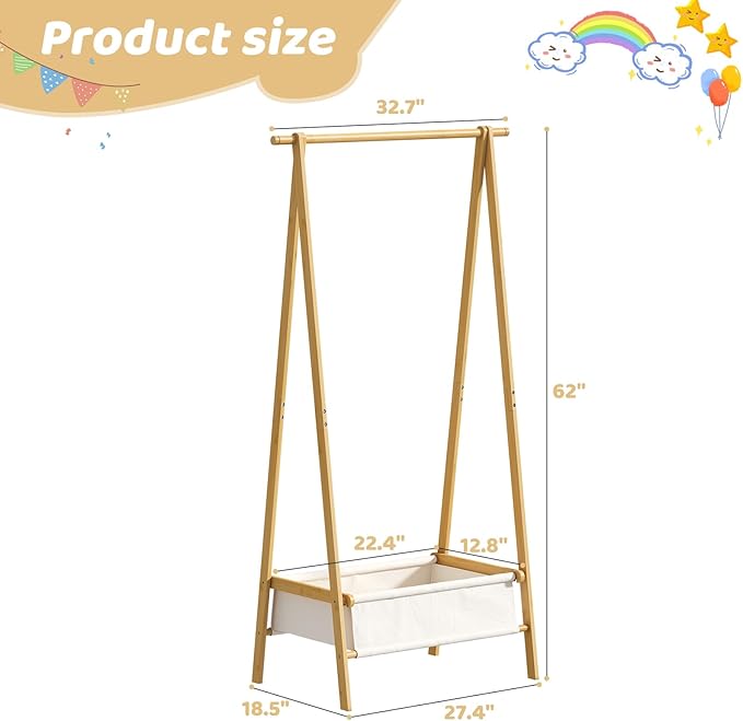 Clothing Rack with Storage Box, Dress Up Rack, Dress Up Storage, Large Foldable Bamboo Garment Stand with Hanging Rods, Dress Up Holder
