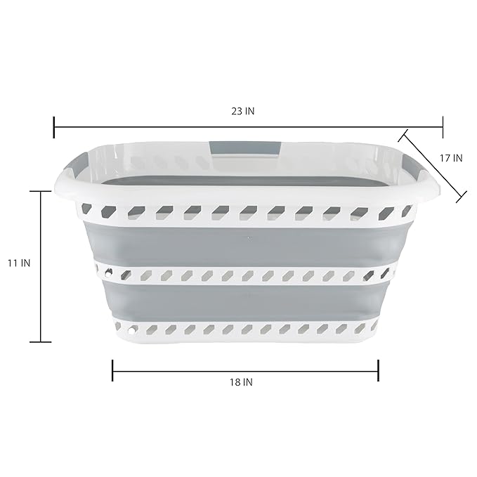 Collapsible Laundry Basket | Portable | Space Saver Storage | Hold 2 Loads | Store Under the Bed or Closet | Good for Kids | Dorm | Bedroom | Large | White/Grey