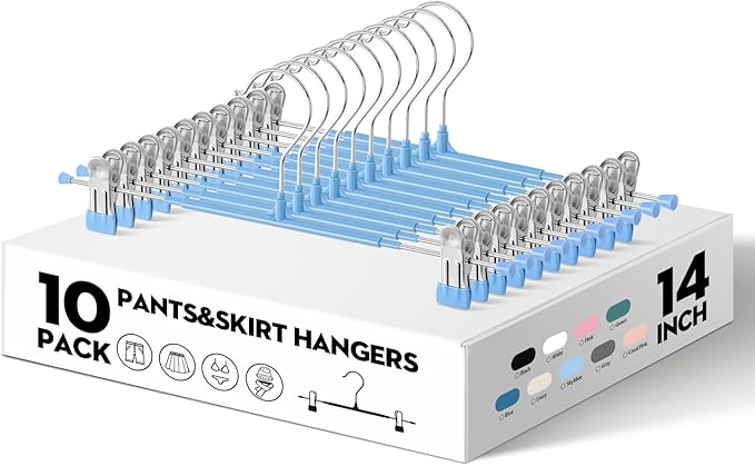 10PACK 14Inch Pants Hangers with Clips Adjustable Skirt Hangers for Women Black Metal Non-Slip Trousers Hanger Heavy Duty Space Saving Clothes Hanger for Shorts,Jeans,Sky Blue