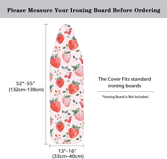 Strawberry Iron Board Cover Non Stick Scorch Easy-Fit Ironing Board Cover Standard Size with Elastic Edge and Hook & Loop Fastener Strap