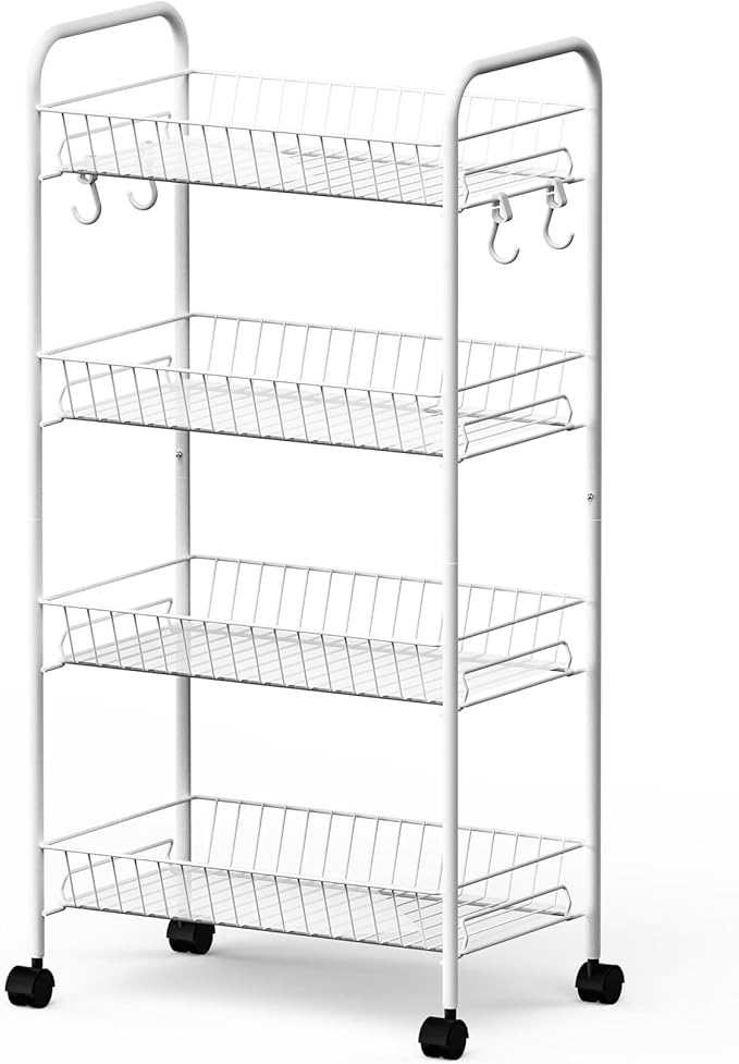 Mythinglogic 4 Tier Rolling Cart with 360° Wheels, Snack Cart, Removable Wire Baskets, Metal Utility Storage Rack for Kitchen, Bathroom, Laundry Room, Office (White)