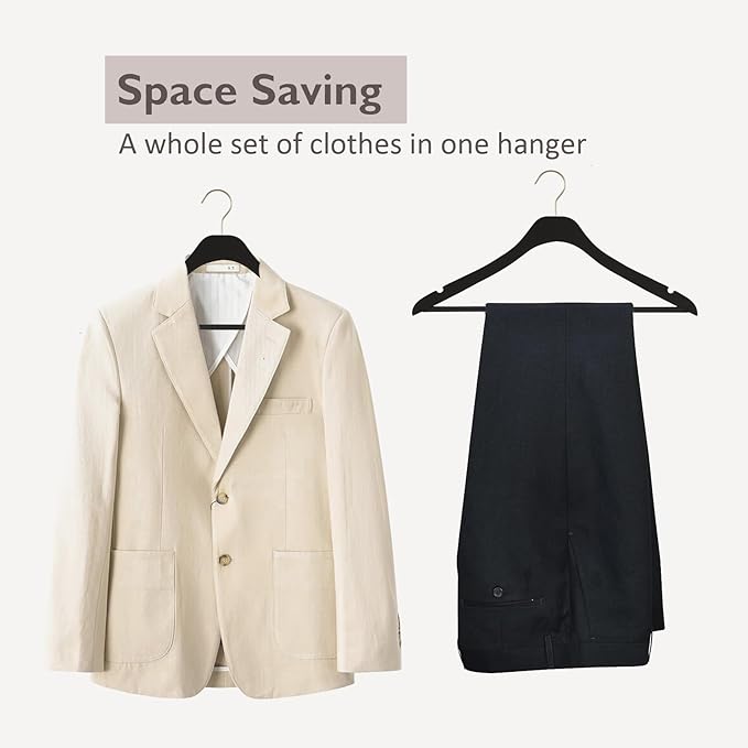 Ultra Thin Wooden Natural Slim Wood Coat Hangers 17.7 inch Space Saving Black Wooden Adult Clothes Hangers,20 Pack Heavy Duty Suit with Pant Bar for Jacket Shirt Suit Pants