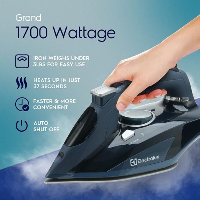 Electrolux Professional Steam Iron for Ironing Clothes, 1700 Watt Clothing Iron with Adjustable Steamer, Titanium Infused Ceramic Sole Plate, Self Clean, Auto Shut Off, Even Heat Distribution - Blue