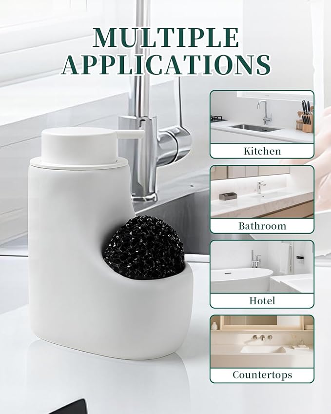 Ceramic Lotion Dispenser - 12 oz Bathroom Hand Pump Dispenser Hand Dish Soap Dispenser Bottles Black Pump Dish Liquid Dispenser for Kitchen… (Ceramic, White Foam Dispenser with Sponge)