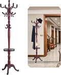 Coat Rack Freestanding, Wooden Tree Coat Rack Stand with 3 Adjustable Sizes Coat Tree and 14 Hooks, Sturdy Hall Tree with Solid Round Base for Entryway, Hallway,Bedroom (Reddish Tray)