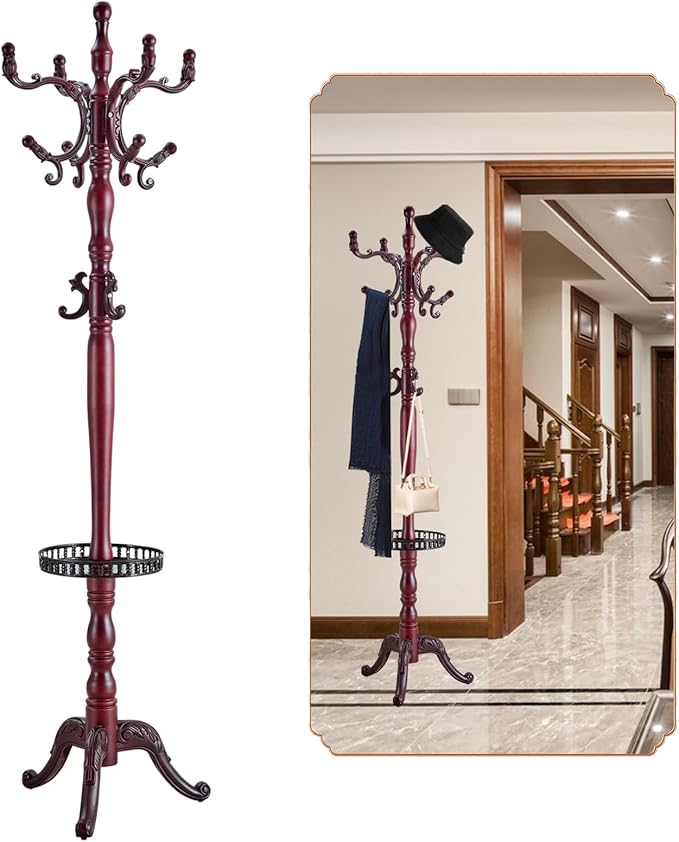Coat Rack Freestanding, Wooden Tree Coat Rack Stand with 3 Adjustable Sizes Coat Tree and 14 Hooks, Sturdy Hall Tree with Solid Round Base for Entryway, Hallway,Bedroom (Reddish Tray)