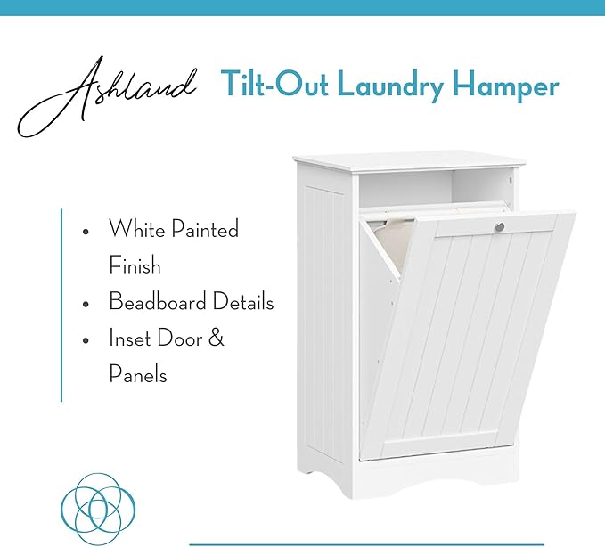 RiverRidge Ashland Tilt Out Laundry Hamper with Beadboard Design - Spacious Top Shelf, Removable Cloth Bag & Silver Knob - White Laundry Cabinet for Towels & Clothes Storage - Laundry Room Cabinets