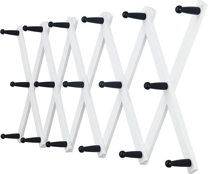 Dseap Accordian Wall Hanger: 16” High Wooden Wall Expandable Coat Rack, Hat Rack Holder, Accordion Hook for Baseball Caps, Coats, Mugs,17 Peg Hooks, White & Black