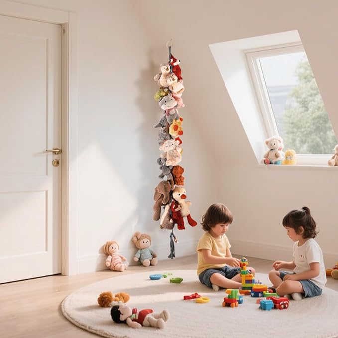 80" Cotton Hanging Storage Chain For Stuffed Animals Storage with 40 Metal Clips, Stuffed Animal Organizer Chain for Wall Corner Nursery Play Room, Grey