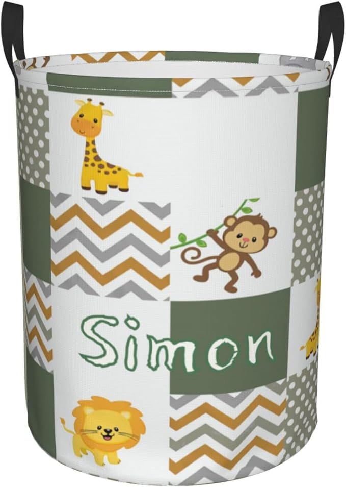 Jungle Cute Animal Customized Laundry Basket Clothes Hamper with Name Collapsible Waterproof Large Capacity Organizer Storage for Living Room.
