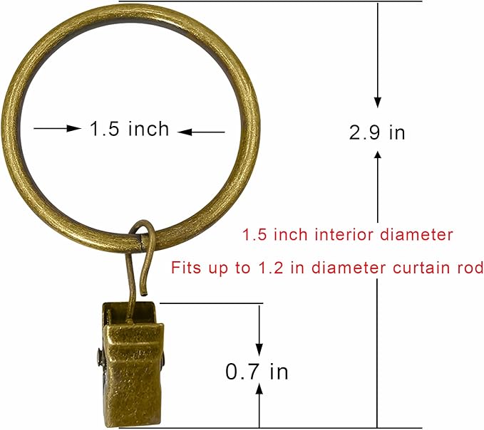 WeeksEight 40 Pack Bronze Curtain Rings with Clips, Curtain Hooks Hangers Clip Rings for Hanging Drapes Bows Hat, Drapery Rings 1.5 in I D, Fits up to 1.2 in Diameter Curtain Rod.