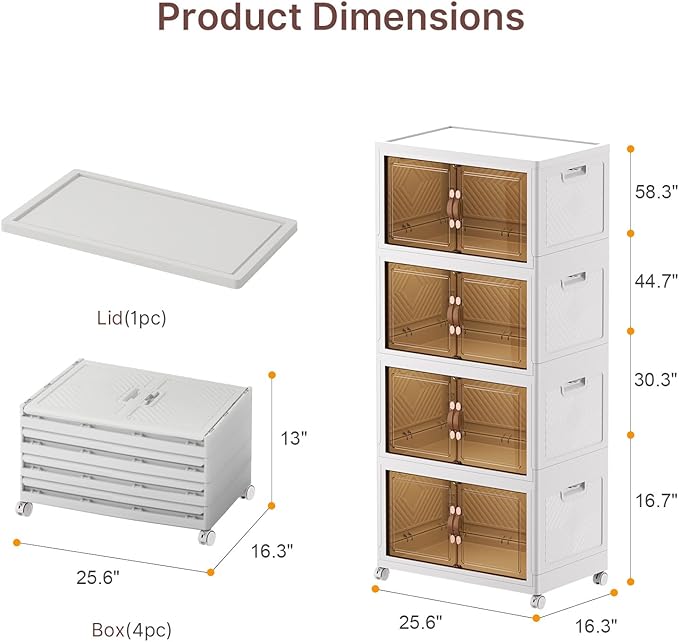 Extra Large Stackable Storage Bins, Lockable Storage Bins with Lids, Folding Storage box with Doors and Wheels, Collapsible Plastic Drawers for Home, Garage, Office (4, White, Large)