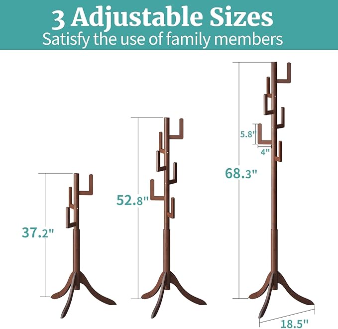 Coat Rack Freestanding, Bamboo Cactus Coat Stand, Adjustable Height Wooden Coat Tree with 6 Hooks, kids coat rack, Used In The Bedroom Living Room, Office To Hang Clothes, Hats, Bags